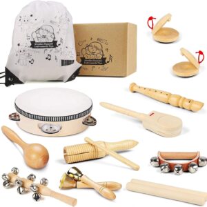 Chriffer Kids Musical Instruments Toys, Percussion Instruments Set with Storage Bag, Preschool Educational Music Toys for Boys Girls, Natural Eco-Friendly Wooden Music Set (10pcs)