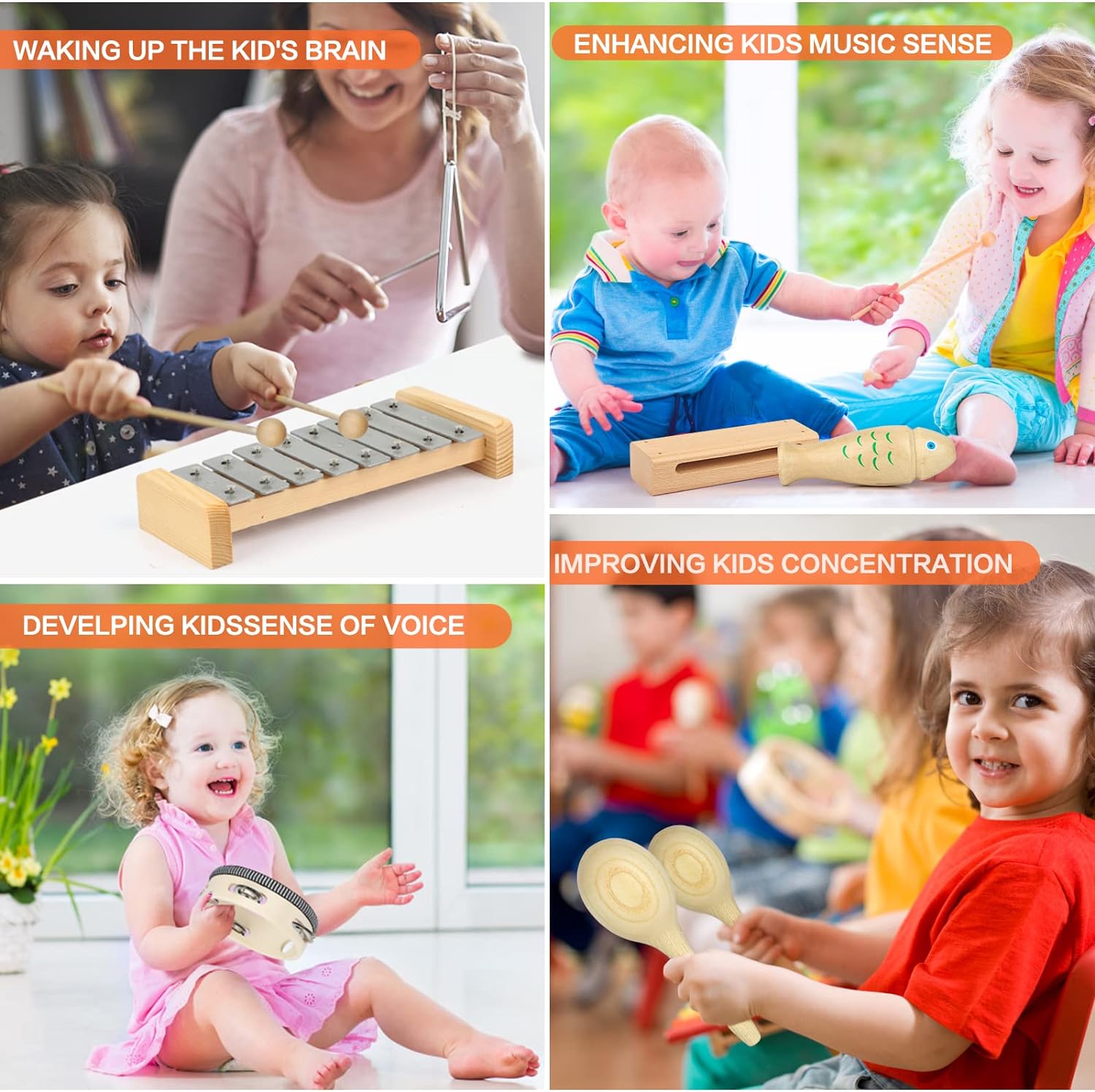 Kids Musical Instruments,100% Natural Wooden Music Percussion Toy Sets, 23 Pcs Tambourine Xylophone Toys for Kids, Girls Boys Preschool Education Early Learning Musical Toys with Bags - Image 3