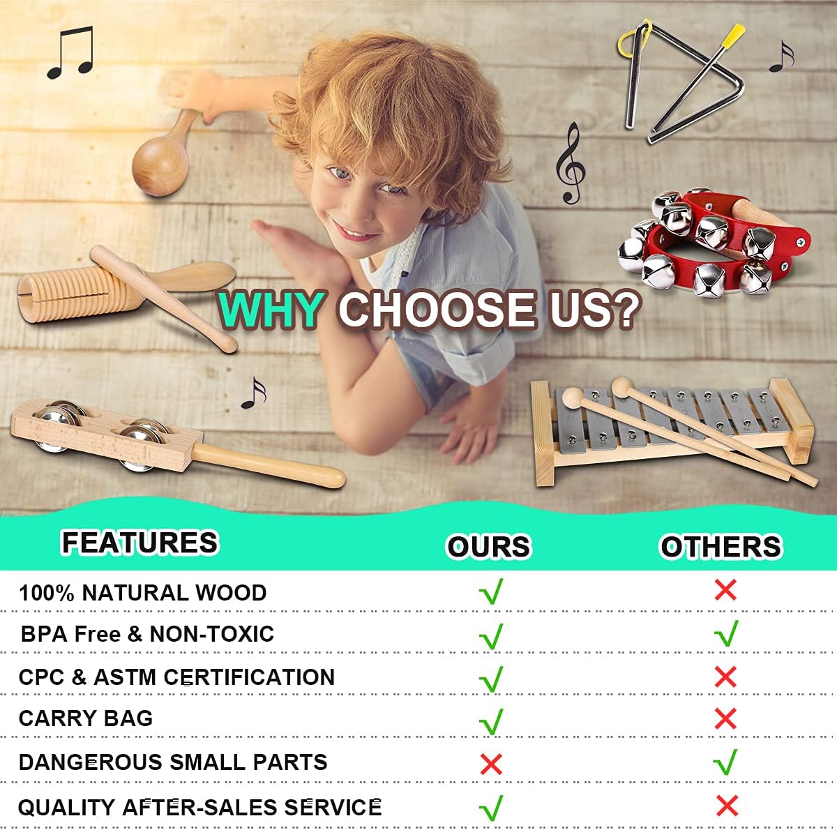 LOOIKOOS Toddler Musical Instruments International Natural Wooden Music Set for Toddlers and Kids - Eco Friendly Preschool Educational Musical Toys with Storage Bag - Image 7