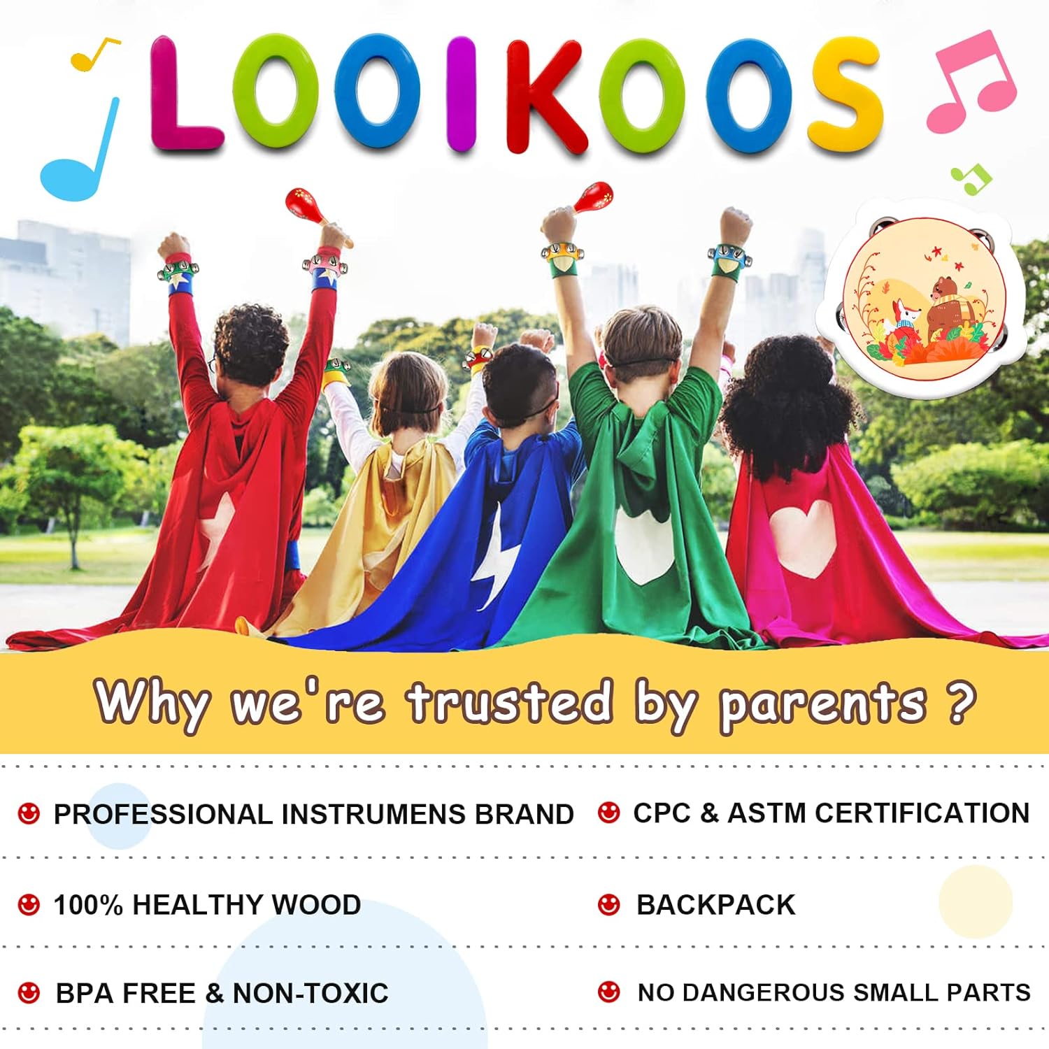 LOOIKOOS Baby Musical Toys ,Musical Instruments for Toddlers 1-3 Kids Wooden Music Shakers Percussion Instruments Tambourine Birthday Gifts Present with Carrying Bag - Image 4