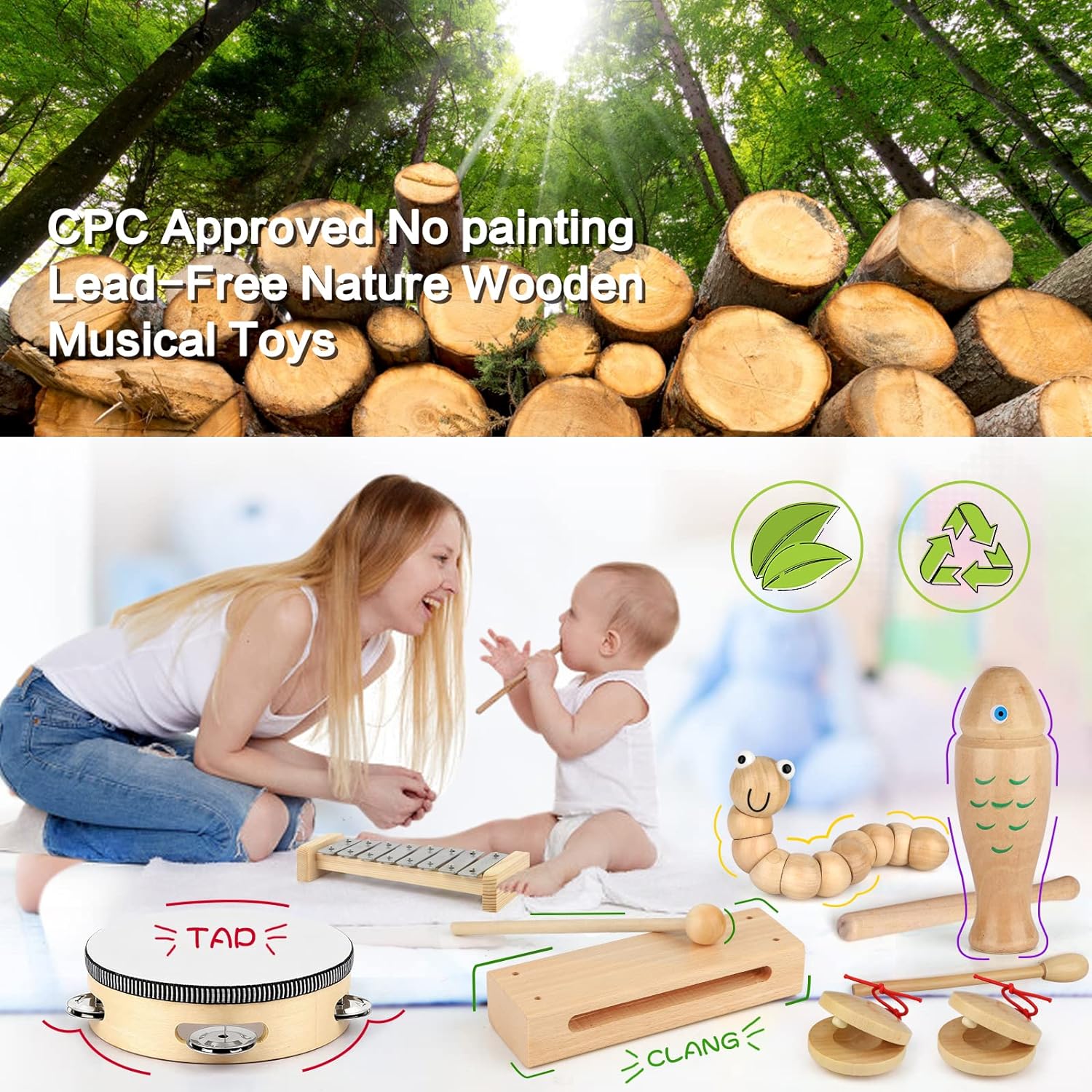 Kids Musical Instruments,100% Natural Wooden Music Percussion Toy Sets, 23 Pcs Tambourine Xylophone Toys for Kids, Girls Boys Preschool Education Early Learning Musical Toys with Bags - Image 2